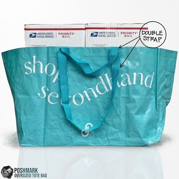 POSHMARK SHOP SECONDHAND OVERSIZED DOUBLE-HANDLE TOTE BAG IN TURQUOISE BLUE NEW - Picture 2 of 6